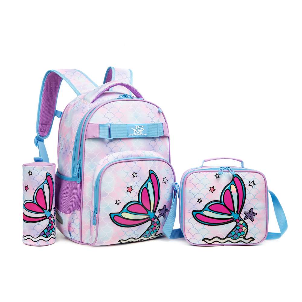 (NET) School Bag with Lunch Bag and Pencil Case Mermaid Set Of 3  Pcs