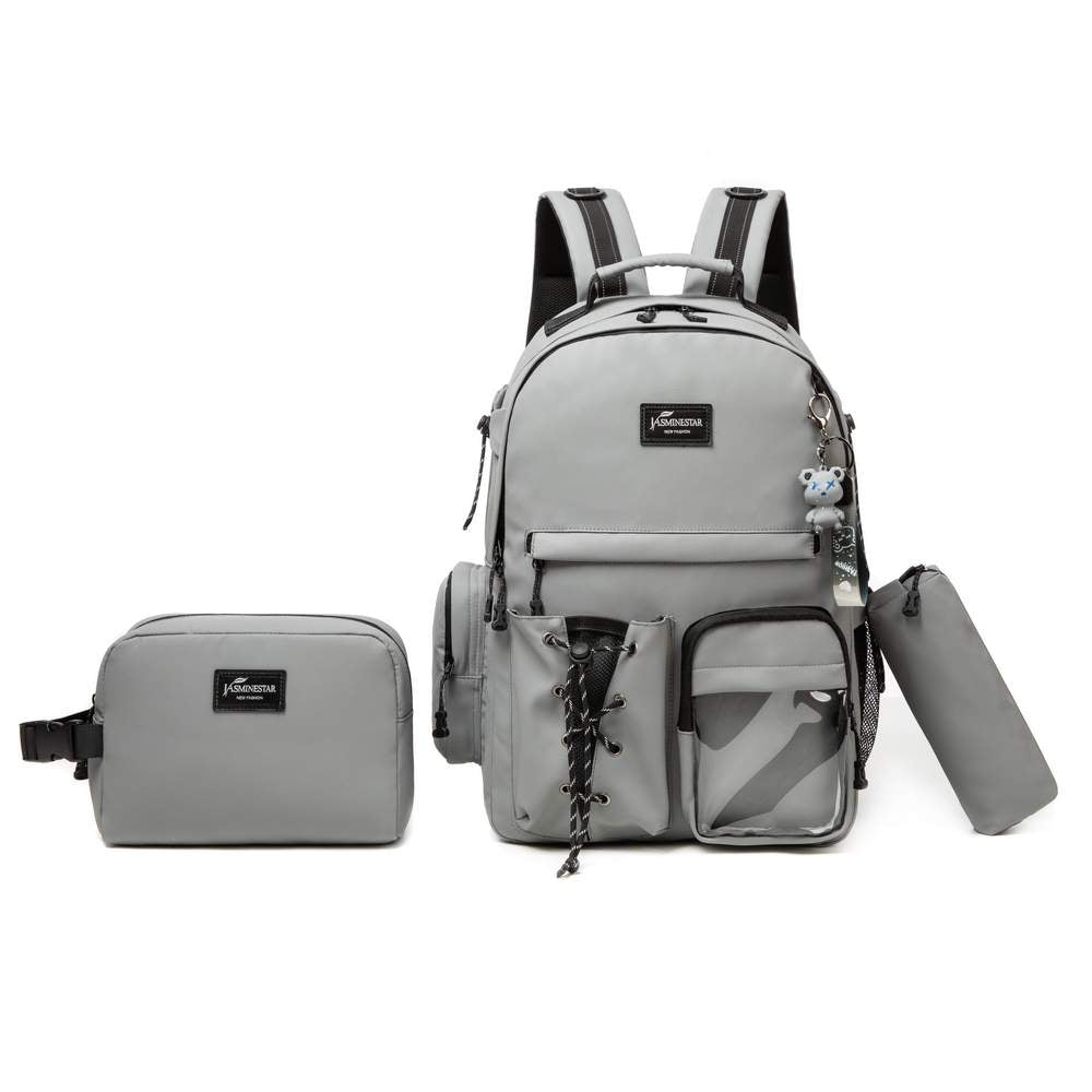 (NET) Grey Backpack with Lunch Box & Pencil Bag Set Of 3 Pcs