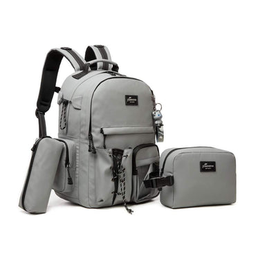 (NET) Grey Backpack with Lunch Box & Pencil Bag Set Of 3 Pcs