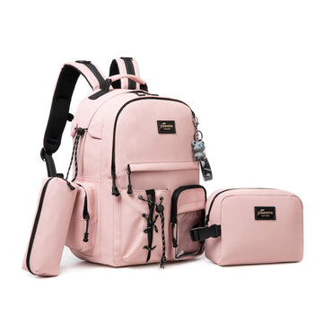 (NET) Pink Backpack With Lunch Box & Pencil Bag Set Of 3 Pcs