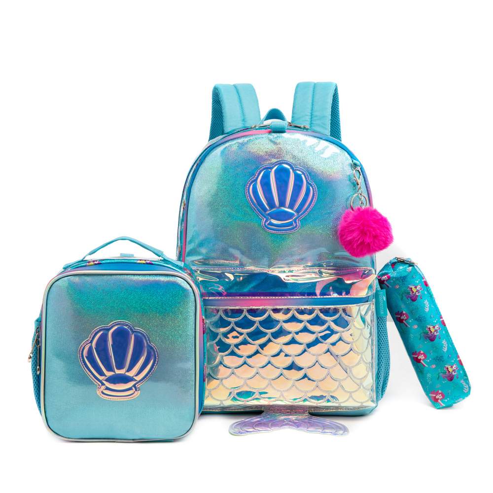 (NET) Mermaid Glitter Backpack With lunch Box Set Of 3 Pcs