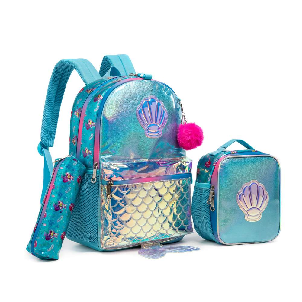 (NET) Mermaid Glitter Backpack With lunch Box Set Of 3 Pcs