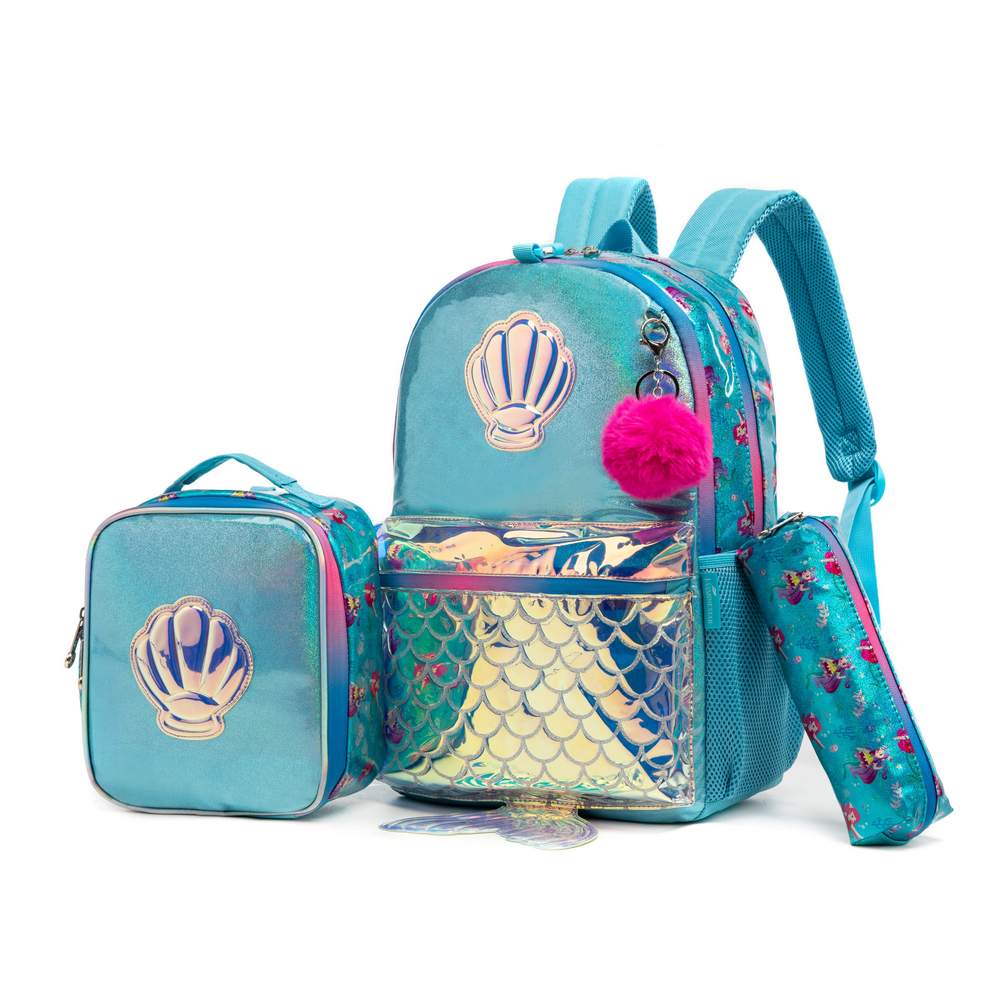 (NET) Mermaid Glitter Backpack With lunch Box Set Of 3 Pcs