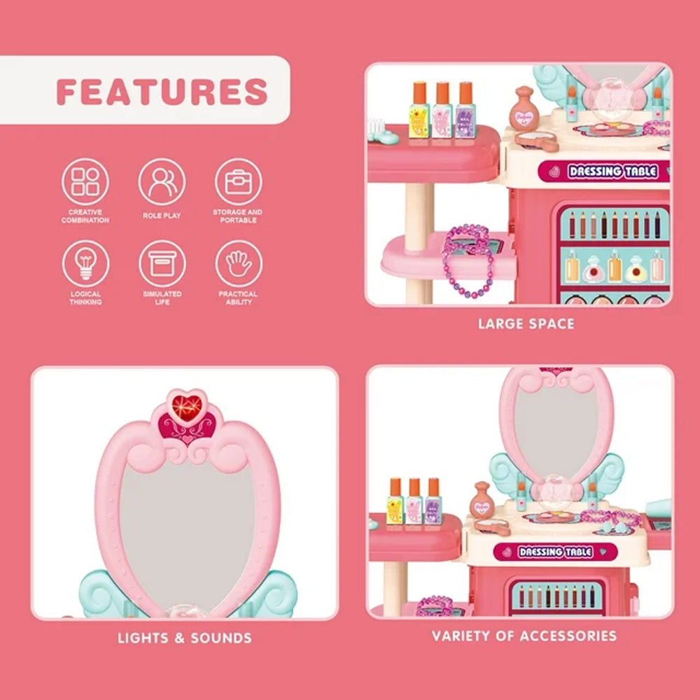 (Net) 3-in-1 Pink Dressing Table Beauty Makeup Set for Girls