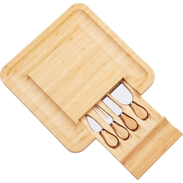(NET) Bamboo Squared Board Wooden Serving Tray with Cutlery in Slide-Out Drawer
