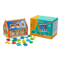 Wooden Interlocking Toy House With Numbers Geometric Shapes And Signs