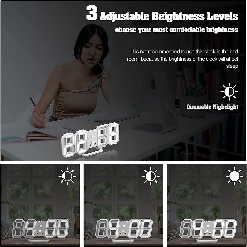 USB Digital 3D Alarm Clock, LED Numerals Time Clock with 3 Adjustable Brightness Levels,