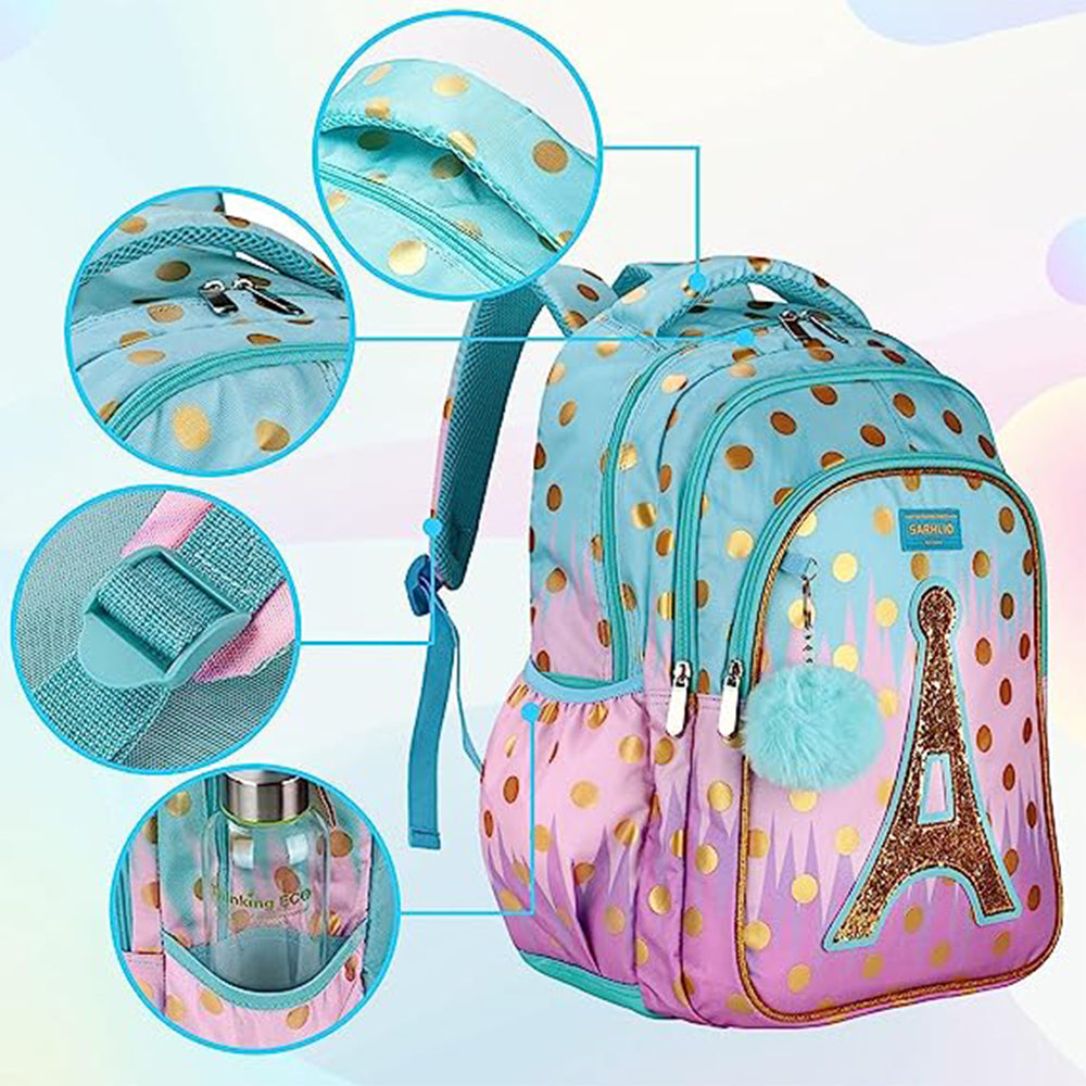 (NET) Sarhlio Kids Backpack 16" for Girls with Pencil Case Ball Pendant Cute Bookbag Lightweight Durable Water Resistant School Backpack Set for Elementary School Outdoor Travel Sequin Tower / 19218