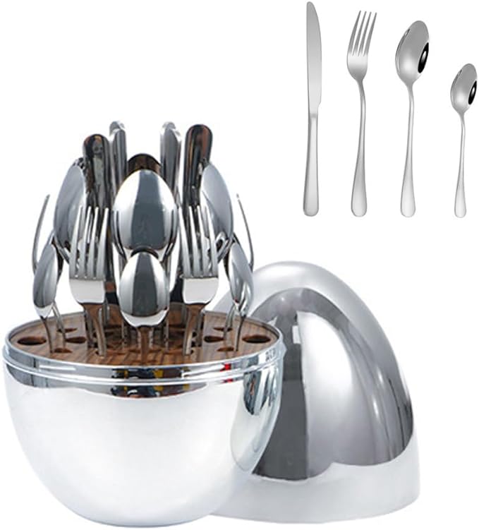 (NET) Fork Knife Spoon Set with Egg-Shaped Tableware Storage Box Premium Stainless Steel 24 pcs ( Silver)