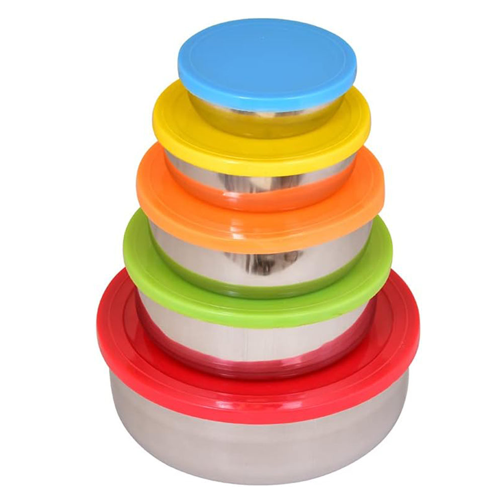 Set of 5 Stainless Steel Storage Bowls with Airtight Multi-Colored Lids 5 pcs