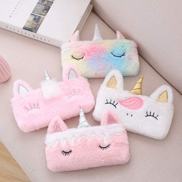 Unicorn Soft Plush Fur Fabric Pencil Case