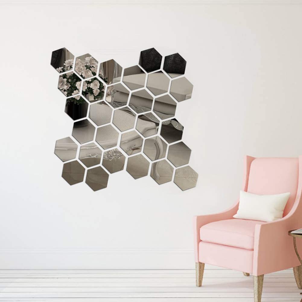 Hexagon Mirror Wall Sticker Art Wall Decor Living Room Mirrored Decorative Sticker 12 Pcs