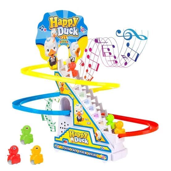 (NET) Happy Duck Slide Toy Set Funny Automatic Stair-Climbing Duck Cartoon Race Track Set (616-3A)