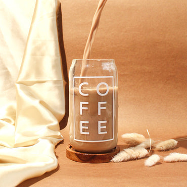 (NET) Coffee Can Shaped Glass with Lid and Stainless Steel Straw  500ml
