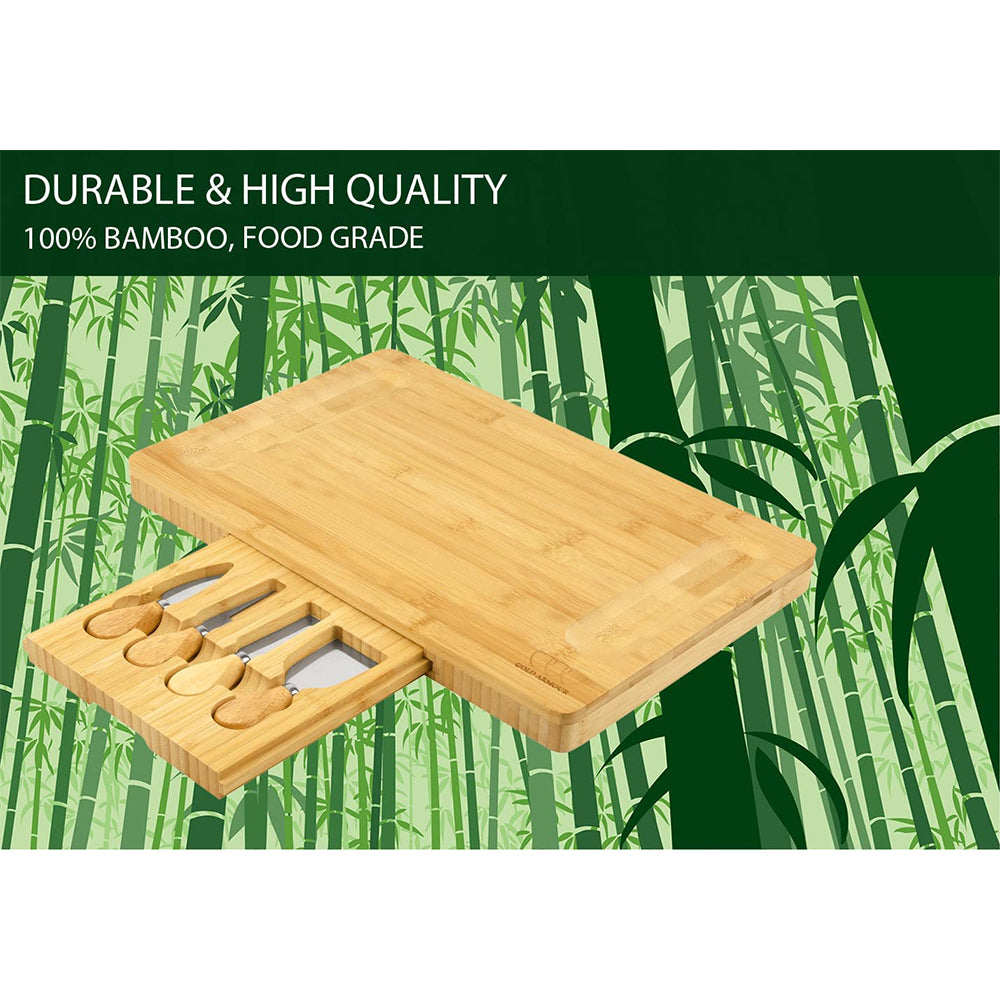 (NET) Home Bamboo Rectangular Wooden Serving Tray Board Set with Cutlery in Slide-Out Drawer
