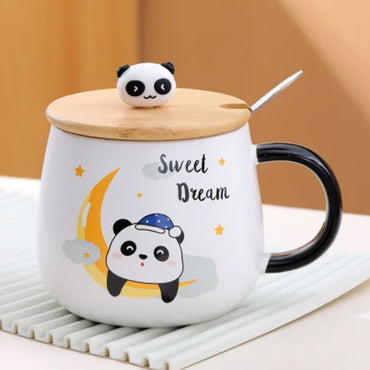 (Net) Cute Panda Ceramic Cup with Spoon and Wooden Cap