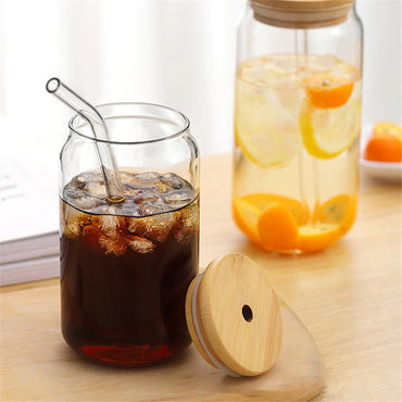 (NET) Can Glass Juice Water Cup With Bamboo Wood Lid And Plastic Straw 500 ml