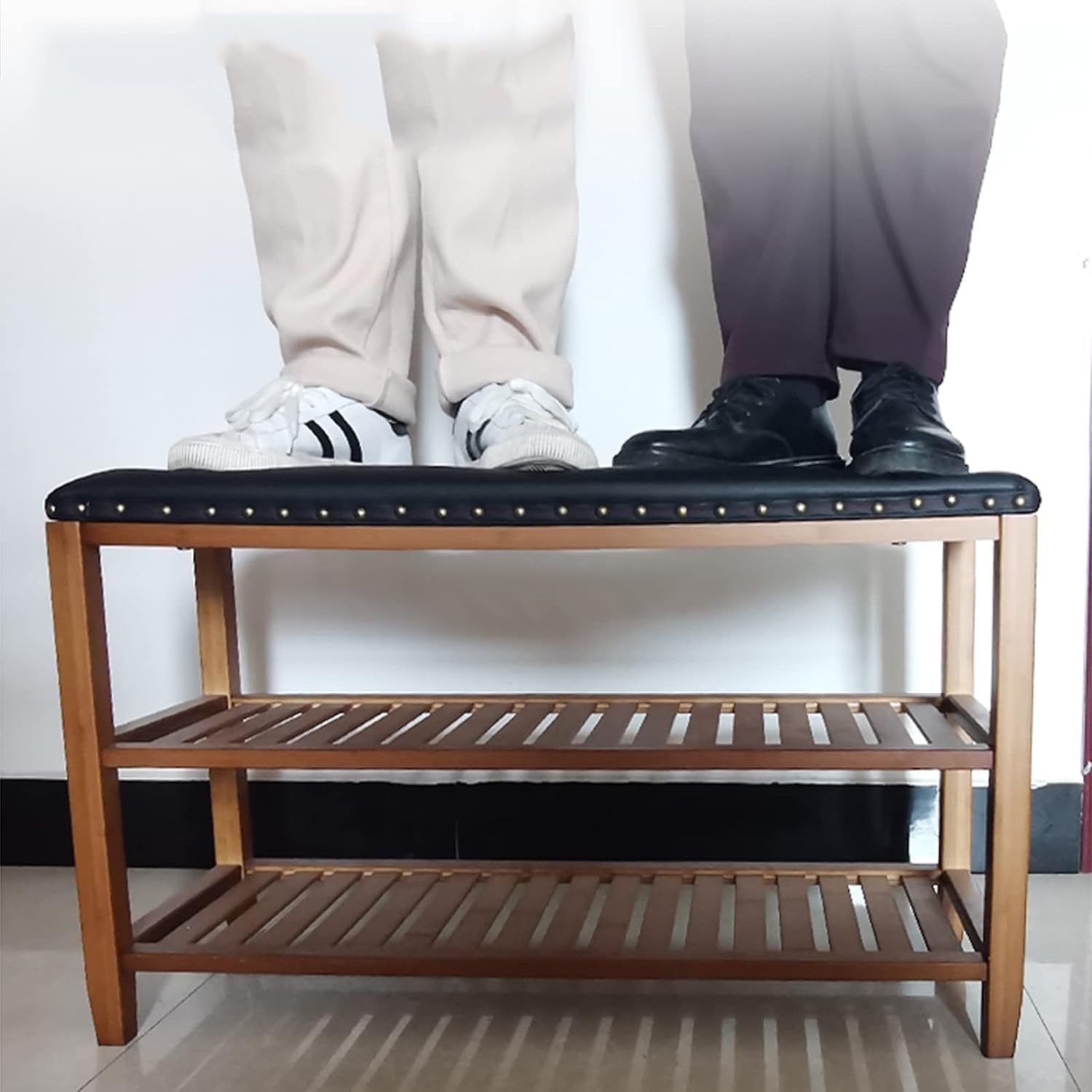 (Net)3-Tier Bamboo Shoe Rack Bench with Leather Seat - Your Stylish and Eco-Friendly Shoe Storage Solution / 003883