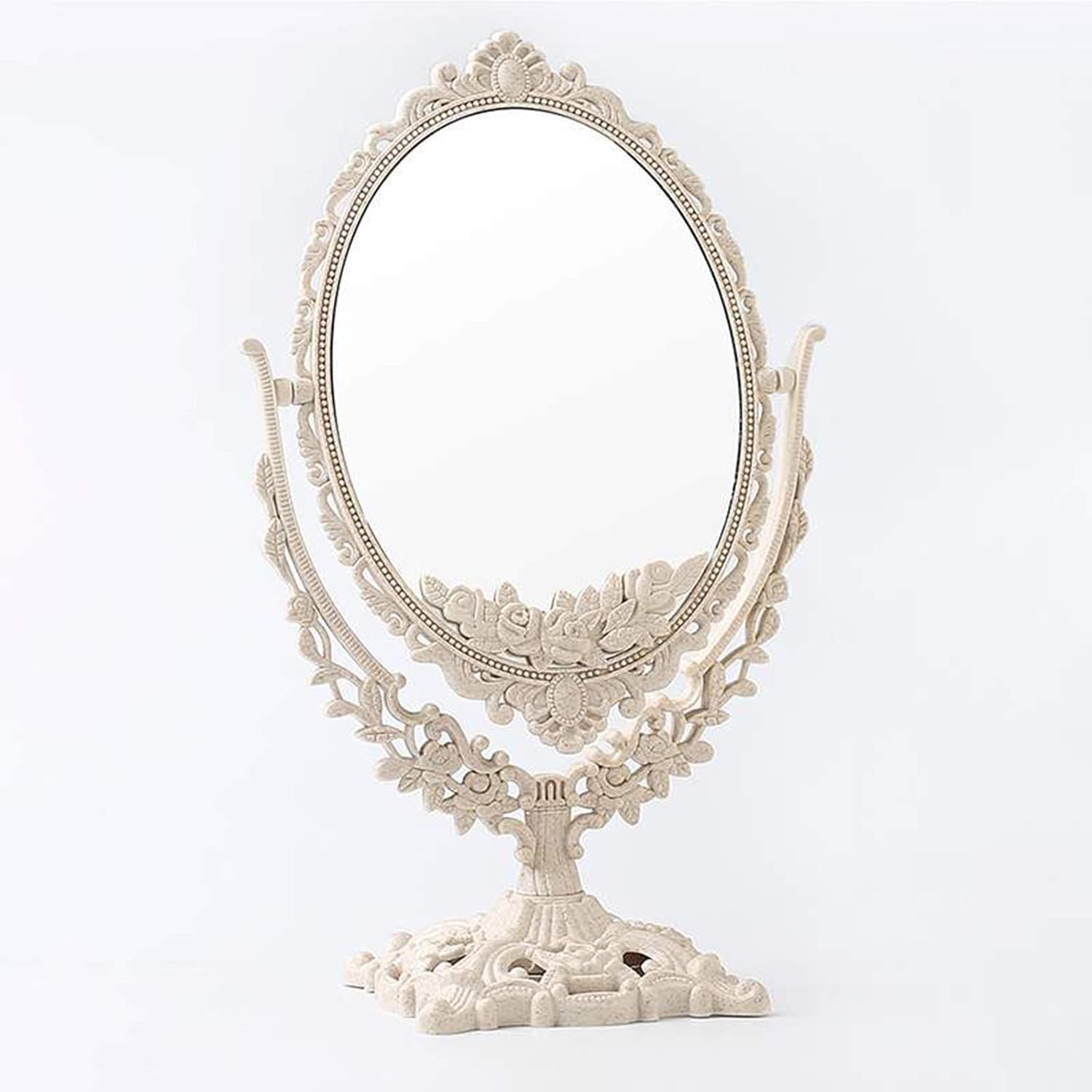 (NET) Vintage Double Sided Vanity Mirror with 1x Magnification, Removable Oval Mirror and 360° Rotation