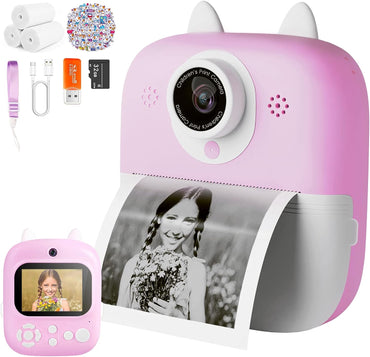 (Net) Children's Camera, Digital Camera Children's Print Instant Camera 1080P 2.4 Inch Display Video Camera Black and White Photo Camera with 32 GB and 3 Rolls