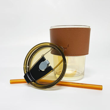 (Net) Glass Tumbler Cup Clear Reusable Mugs with Leak Proof Lid and Heat resistant Leather Band and Straw 400ml