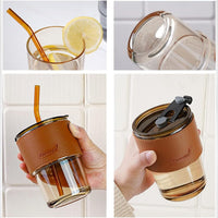 (Net) Glass Tumbler Cup Clear Reusable Mugs with Leak Proof Lid and Heat resistant Leather Band and Straw 400ml