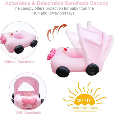 (NET) Cute Car Baby Pool Float with Canopy Inflatable Swimming Floats for Kids