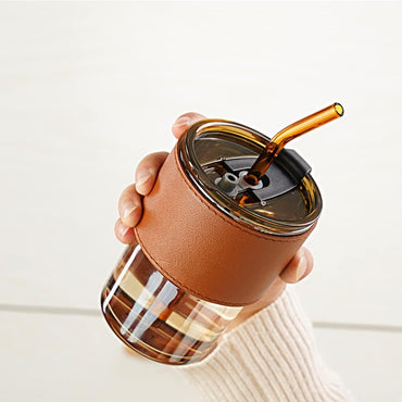 (Net) Glass Tumbler Cup Clear Reusable Mugs with Leak Proof Lid and Heat resistant Leather Band and Straw 400ml