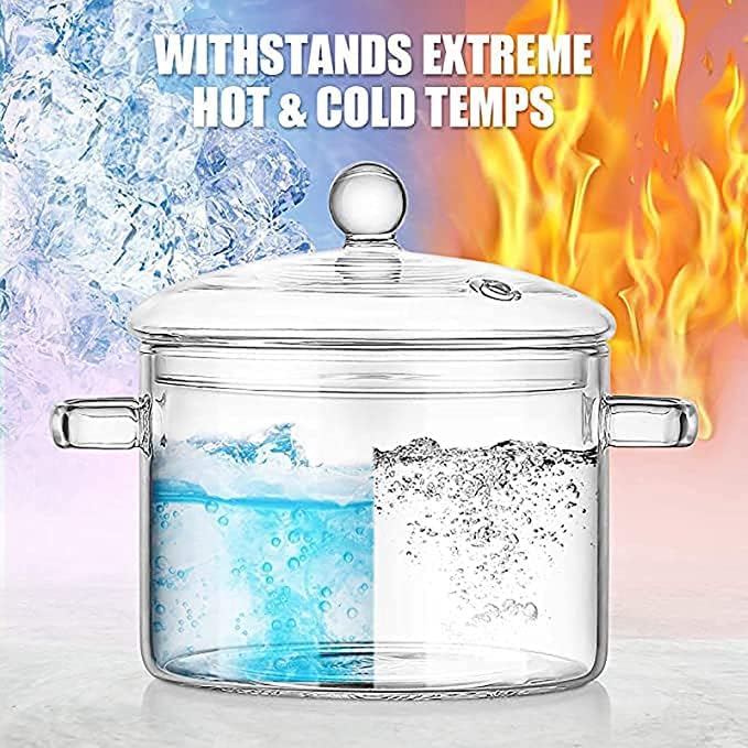 Glass Cooking Pot, Microwave Safe Heat-Resistant Instant Glass Noodle Bowl Cooking Pot with Lid and Handles for Baby Food, 1900ML Heat-resistant Glass