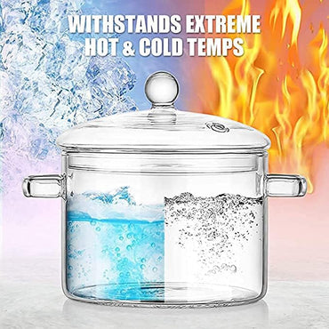 Glass Cooking Pot, Microwave Safe Heat-Resistant Instant Glass Noodle Bowl Cooking Pot with Lid and Handles for Baby Food, 1900ML Heat-resistant Glass