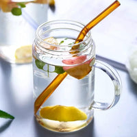 (Net) Glass Tumbler Cup Clear Reusable Mugs with Leak Proof Lid and Heat resistant Leather Band and Straw 400ml