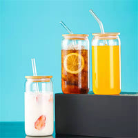 Can Glass Juice Water Cup With Bamboo Wood Lid And Plastic Straw 500 ml