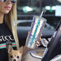 (NET) Tumbler With Lid And Straw Iced Coffee Cups Travel Mug Reusable Plastic Cups Insulated Tumblers Double Walled  750 ML