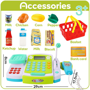 Cash Register with Microphone, Play Money, Pretend Role Play Shopping Food Toys