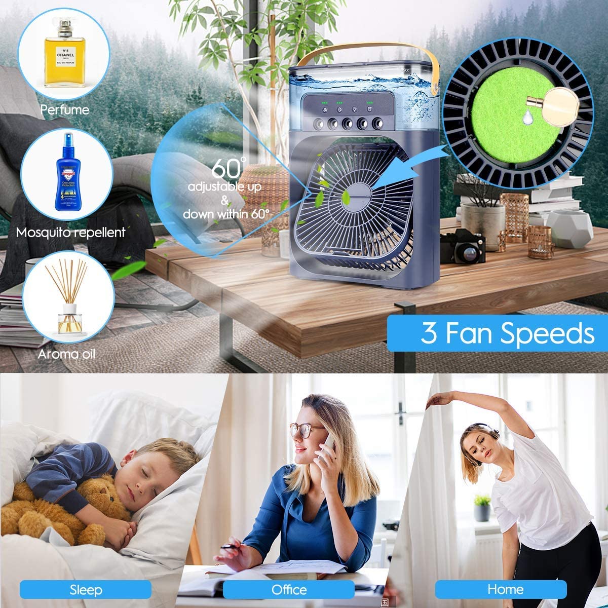 ( NET) USB Portable Air Cooler Fan Air Conditioner Light Desktop Fan Air Cooler Humidifier Purify Bedroom with 7 Colors LED Night Light KC-23-23