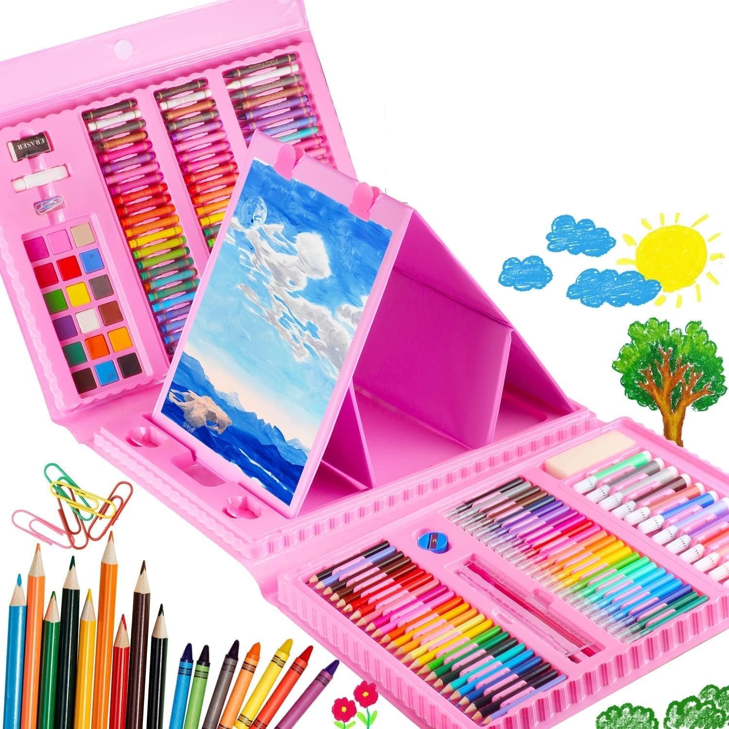 208 pcs Plastic Deluxe Art Set Box & Drawing Kit With Crayons Oil Pastels Colored Pencil