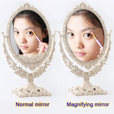 (NET) Vintage Double Sided Vanity Mirror with 1x Magnification, Removable Oval Mirror and 360° Rotation