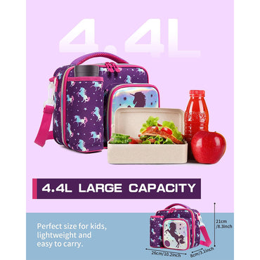 (NET) IvyH Girls Lunch Bag, Insulated Lunch Bag Unicorn Lunch Bag with Shoulder Strap Bottle Holder 3 Compartments PU Cooler Bag for Kids School Picnic Travel Purple / 22049-UP