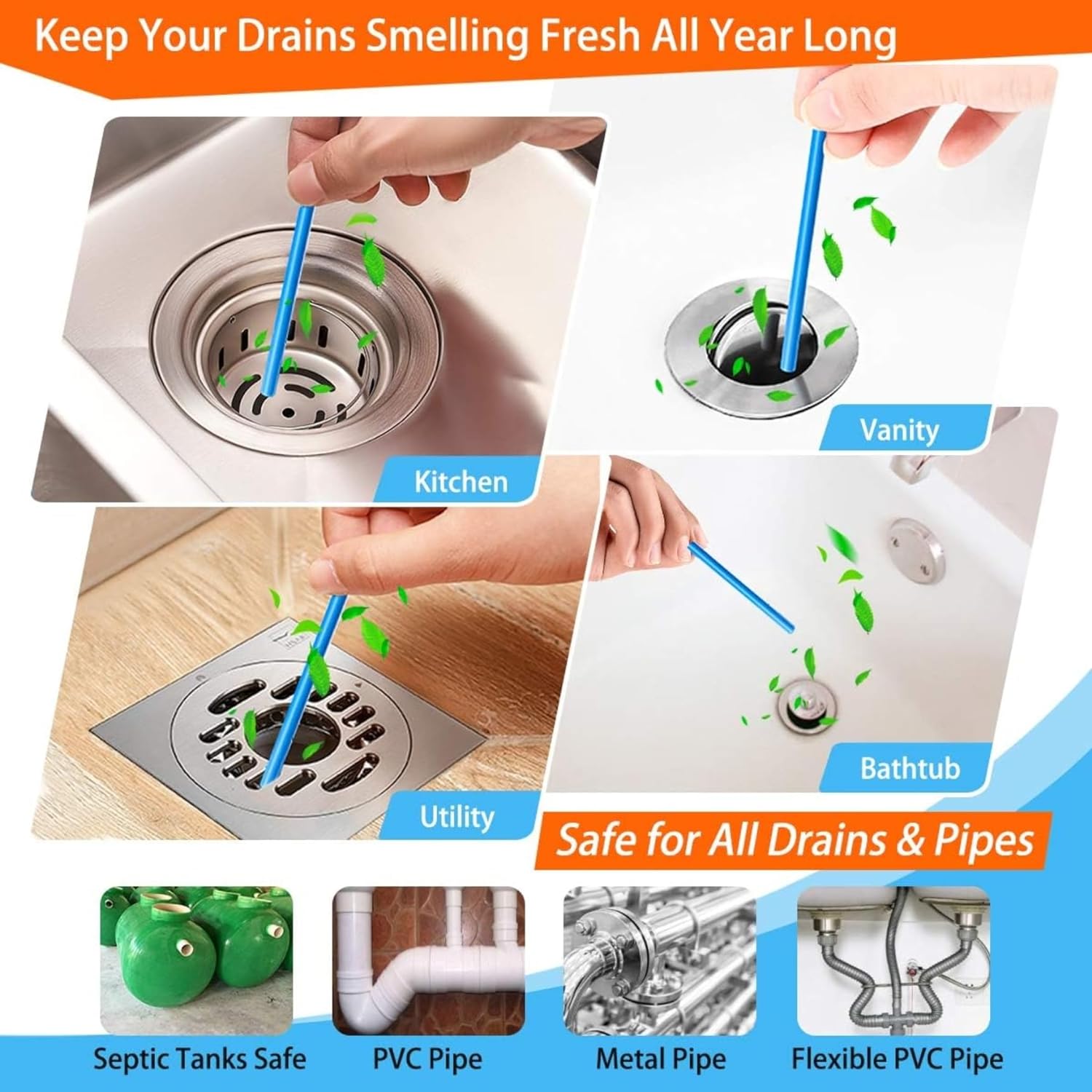 12 Pcs Sani Stick Pipe Deodorizer Drain Cleaning Sanitation Sticks Clog Remover And Odors Eliminator