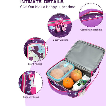 (NET) IvyH Girls Lunch Bag, Insulated Lunch Bag Unicorn Lunch Bag with Shoulder Strap Bottle Holder 3 Compartments PU Cooler Bag for Kids School Picnic Travel Purple / 22049-UP