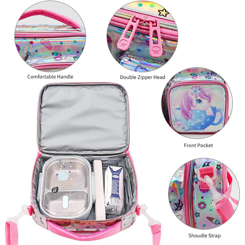 (NET) Kids lunch bag insulated lunch bag school nursery lunch bag double tier food lunch bag laser unicorn / 22049-UC
