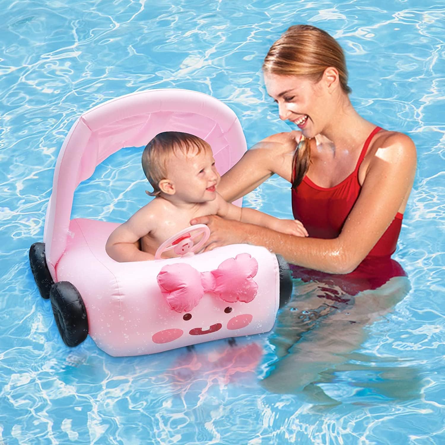 (NET) Cute Car Baby Pool Float with Canopy Inflatable Swimming Floats for Kids