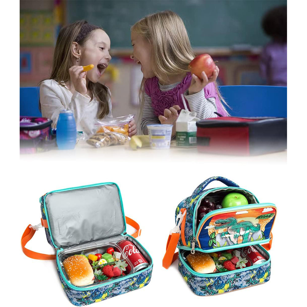 (NET) MOHCO Kids Lunch Bag Insulated Bento Cooler Bag Two compartments Cooler for Boys and Girls with Adjustable Strap Travel Lunch Tote