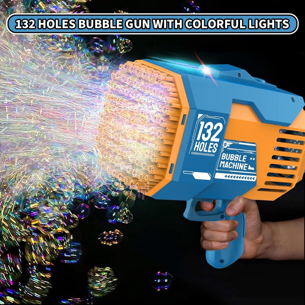 (NET) Bubble Gun 132 Holes Bubble Machine Gun Bubble Blower with Colorful Lights for Kids Adults  Summer Toys