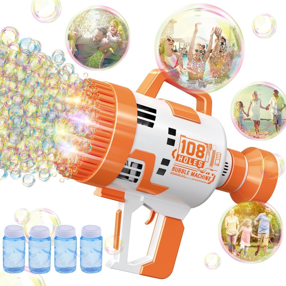 (NET) Bubble Gun 108 Holes Bubble Machine Gun Bubble Blower with Colorful Lights for Kids Adults  Summer Toys