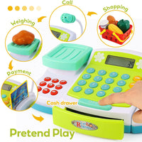 Cash Register with Microphone, Play Money, Pretend Role Play Shopping Food Toys