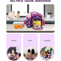 (NET) IvyH Girls Lunch Bag, Insulated Lunch Bag Unicorn Lunch Bag with Shoulder Strap Bottle Holder 3 Compartments PU Cooler Bag for Kids School Picnic Travel Purple / 22049-UP