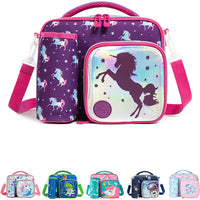 (NET) IvyH Girls Lunch Bag, Insulated Lunch Bag Unicorn Lunch Bag with Shoulder Strap Bottle Holder 3 Compartments PU Cooler Bag for Kids School Picnic Travel Purple / 22049-UP