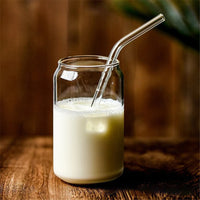 Can Glass Juice Water Cup With Bamboo Wood Lid And Plastic Straw 500 ml