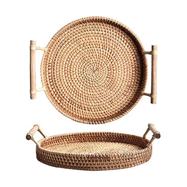 (NET) Rattan Decorative Serving Tray with Handle Kitchen Organizer